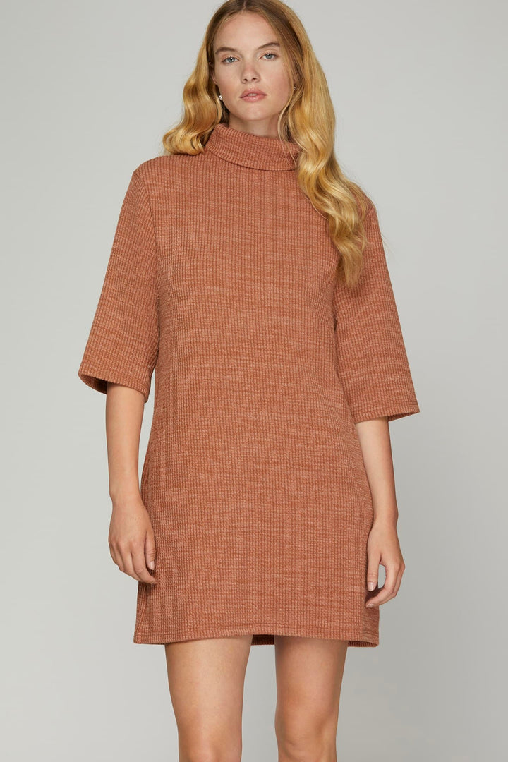 HALF SLEEVE TURTLE NECK KNIT DRESS WITH POCKETS