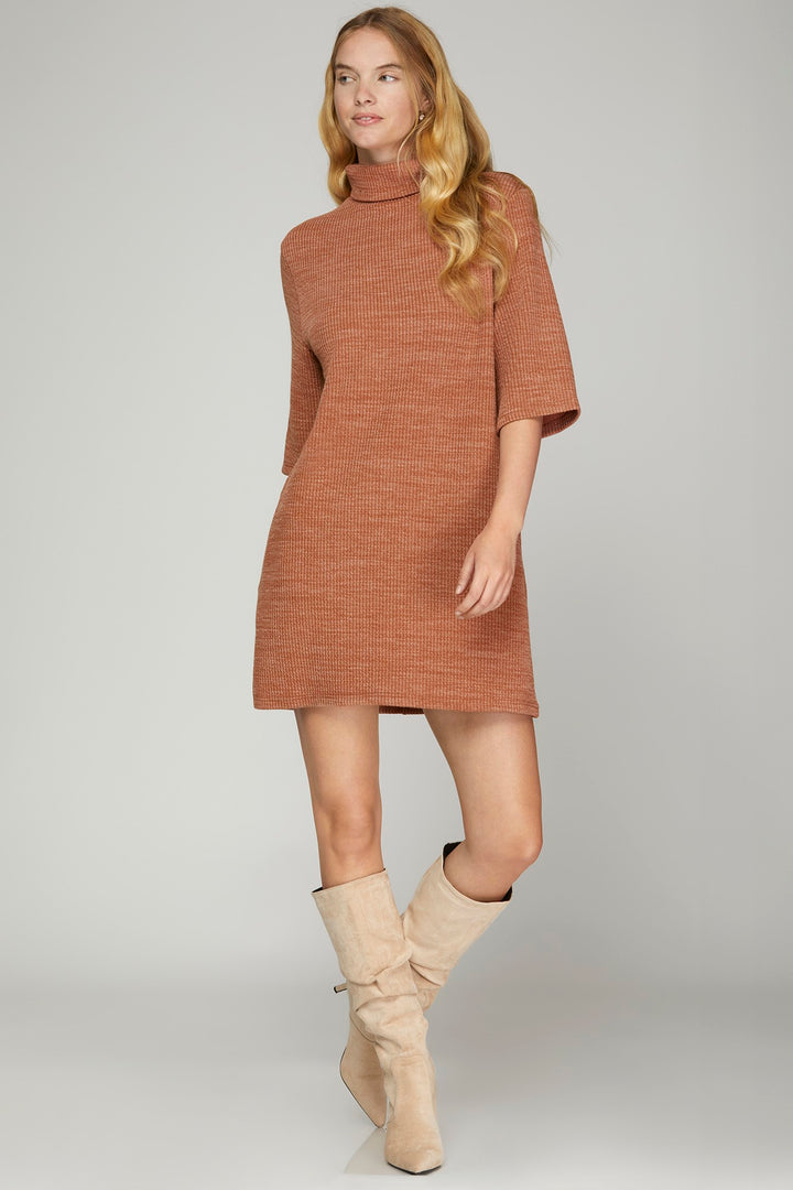 HALF SLEEVE TURTLE NECK KNIT DRESS WITH POCKETS