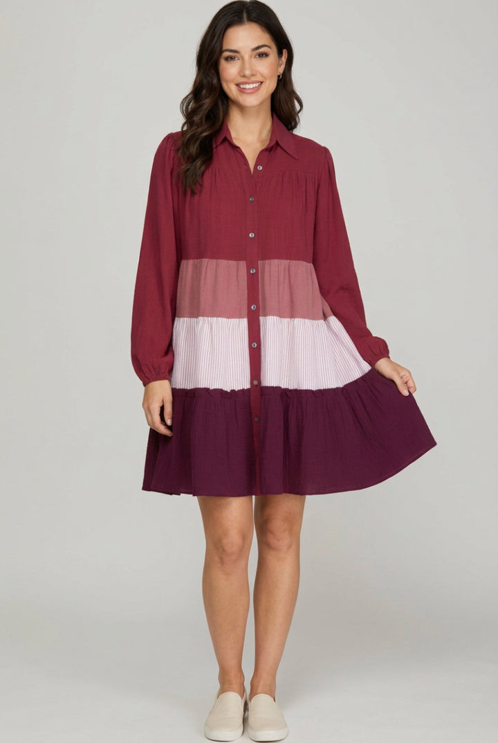 LONG SLEEVE BUTTON DOWN COLOR BLOCK TIERED DRESS-SY7706