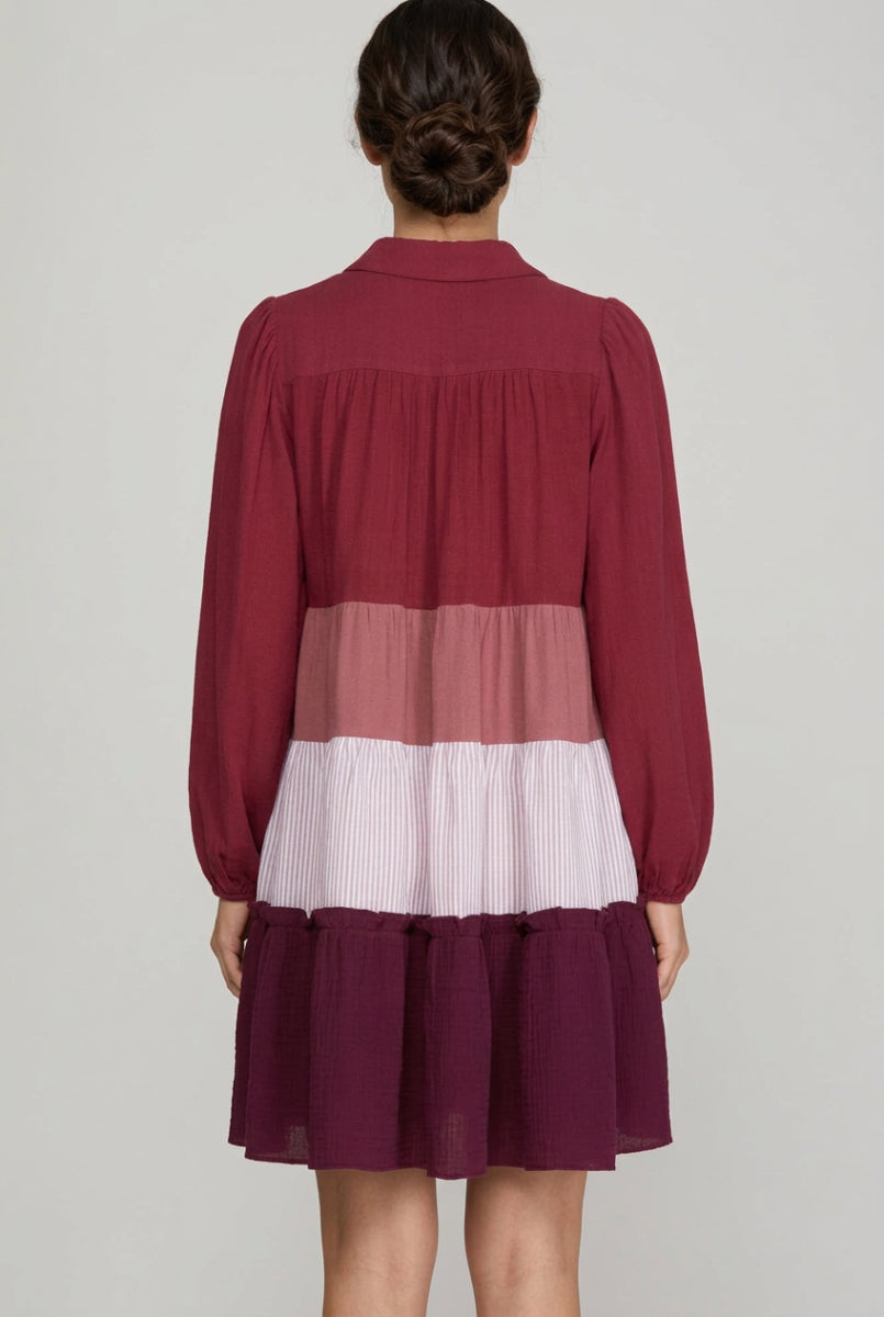LONG SLEEVE BUTTON DOWN COLOR BLOCK TIERED DRESS-SY7706