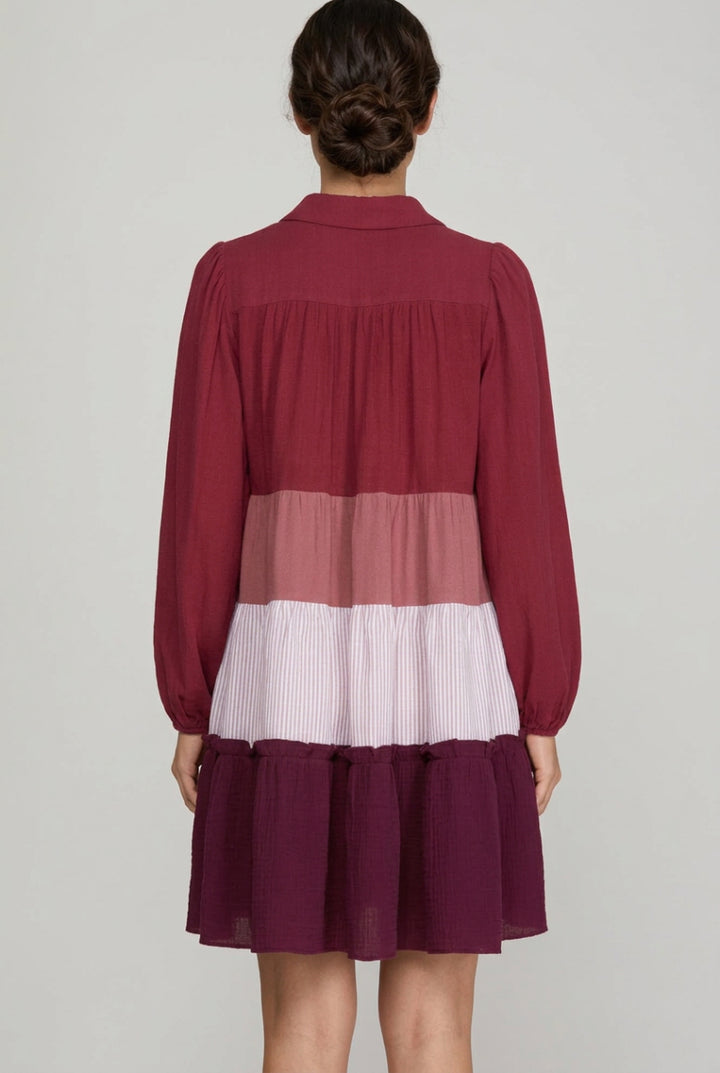 LONG SLEEVE BUTTON DOWN COLOR BLOCK TIERED DRESS-SY7706