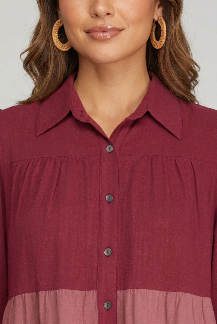LONG SLEEVE BUTTON DOWN COLOR BLOCK TIERED DRESS-SY7706