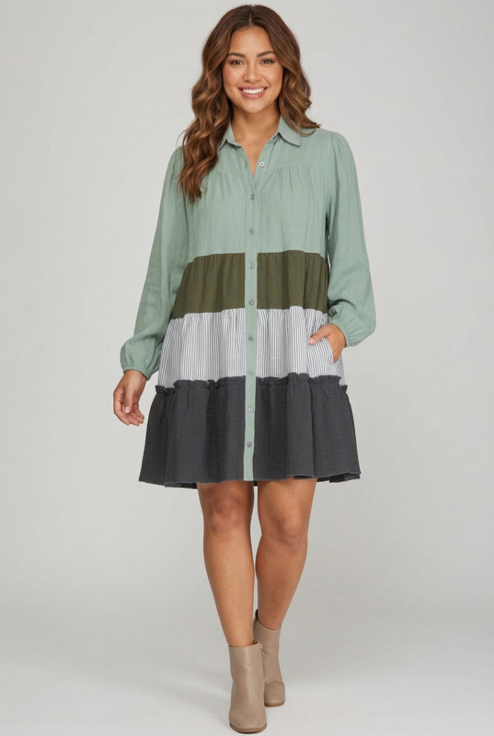 LONG SLEEVE BUTTON DOWN COLOR BLOCK TIERED DRESS-SY7706