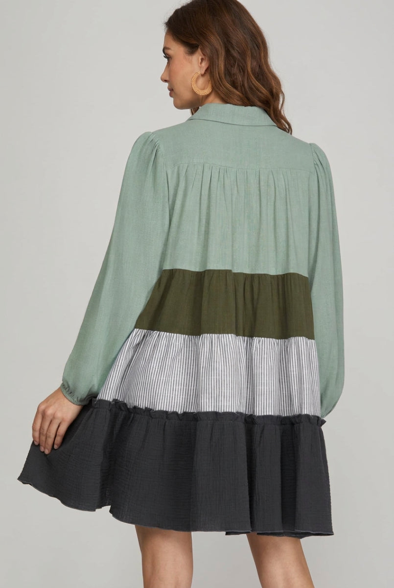 LONG SLEEVE BUTTON DOWN COLOR BLOCK TIERED DRESS-SY7706