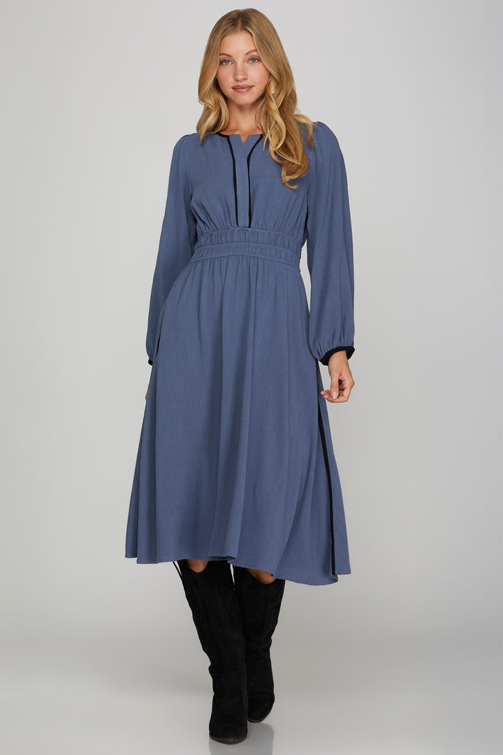 LONG SLEEVE WOVEN RUCHED WAIST MIDI DRESS WITH CONTRAST BINDING