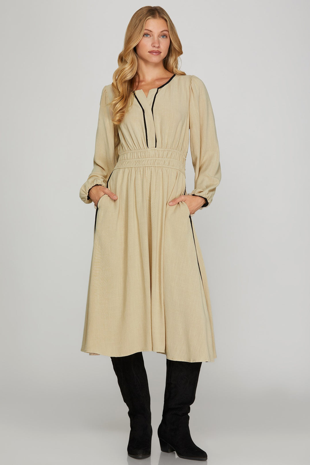 LONG SLEEVE WOVEN RUCHED WAIST MIDI DRESS WITH CONTRAST BINDING