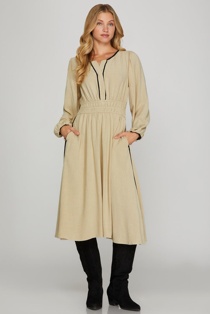 LONG SLEEVE WOVEN RUCHED WAIST MIDI DRESS WITH CONTRAST BINDING