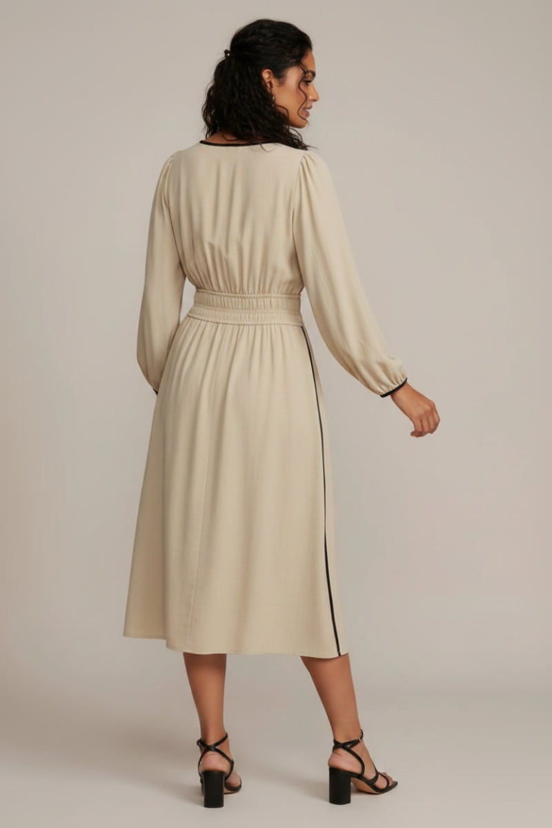 RUCHED WAIST LONG SLEEVE WOVEN MIDI DRESS SKSY7745