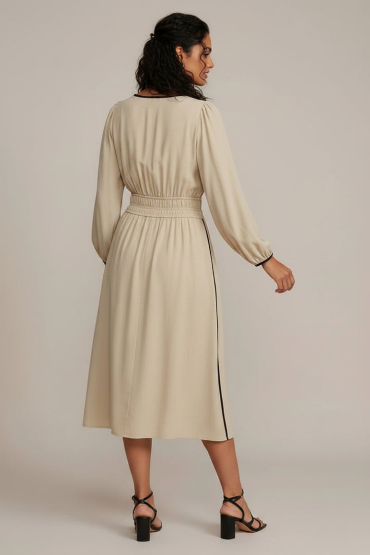 RUCHED WAIST LONG SLEEVE WOVEN MIDI DRESS SKSY7745