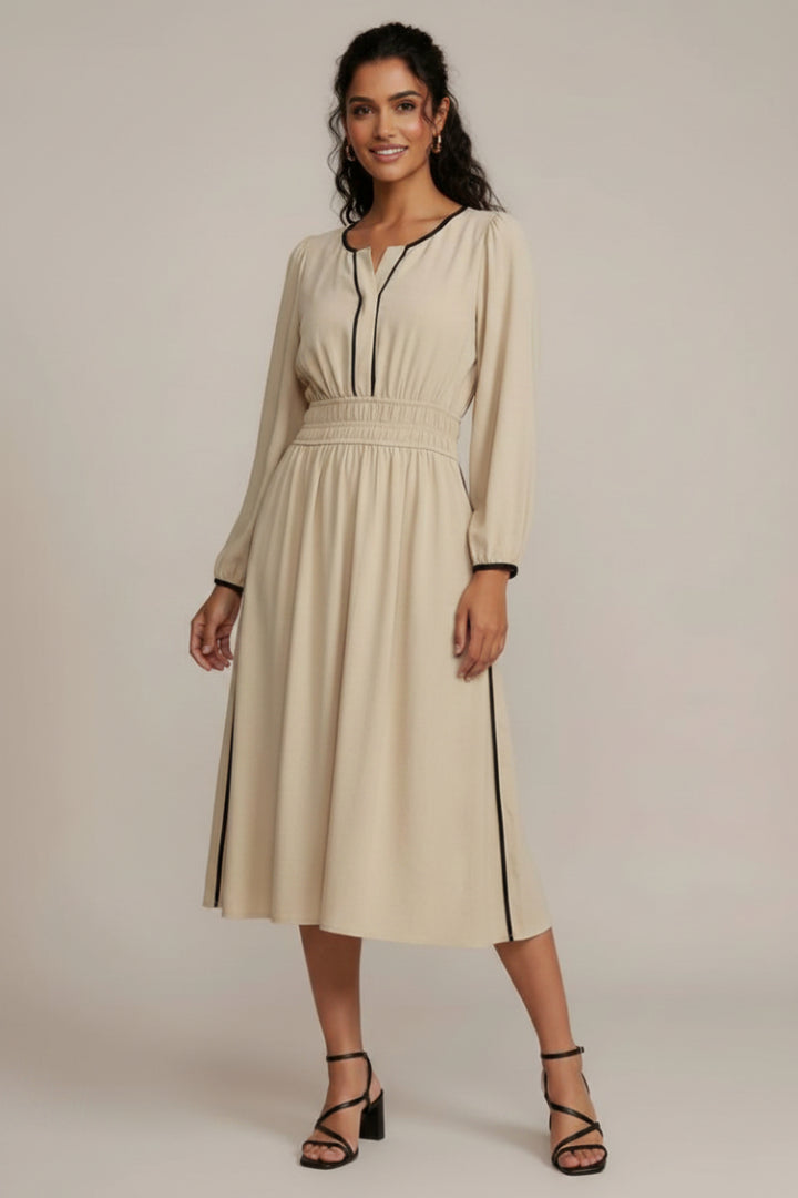 RUCHED WAIST LONG SLEEVE WOVEN MIDI DRESS SKSY7745