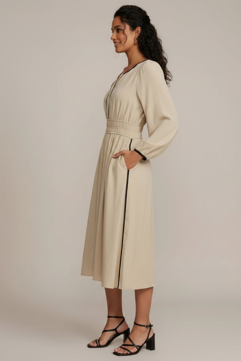 RUCHED WAIST LONG SLEEVE WOVEN MIDI DRESS SKSY7745