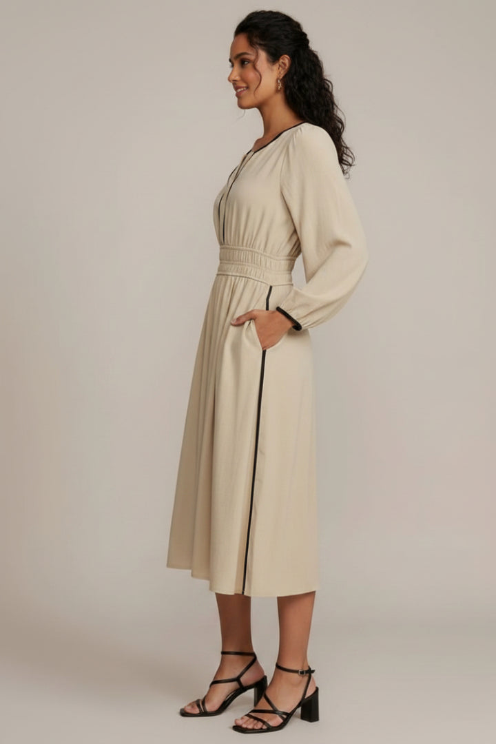 RUCHED WAIST LONG SLEEVE WOVEN MIDI DRESS SKSY7745