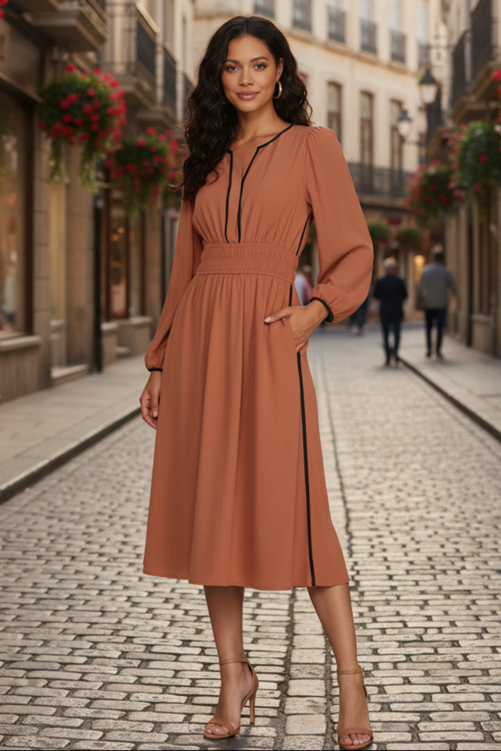 RUCHED WAIST LONG SLEEVE WOVEN MIDI DRESS SKSY7745