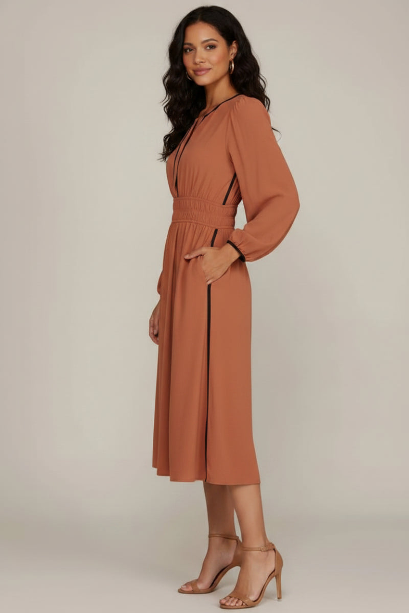 RUCHED WAIST LONG SLEEVE WOVEN MIDI DRESS SKSY7745