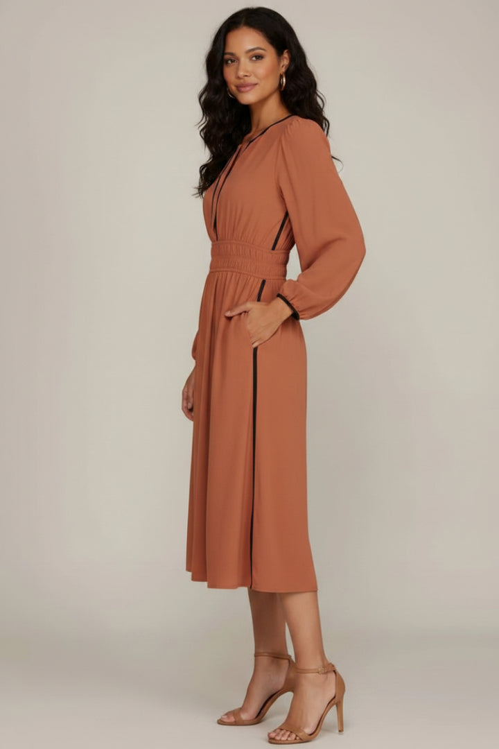 RUCHED WAIST LONG SLEEVE WOVEN MIDI DRESS SKSY7745