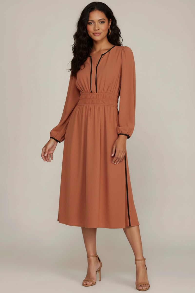 RUCHED WAIST LONG SLEEVE WOVEN MIDI DRESS SKSY7745