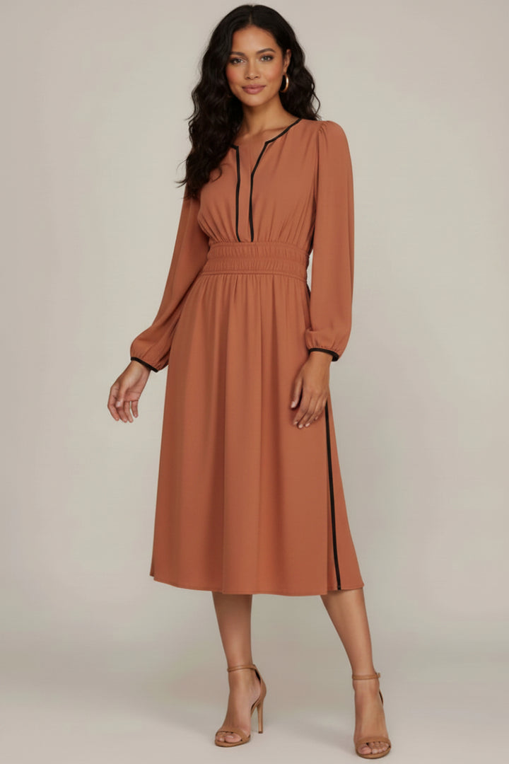 RUCHED WAIST LONG SLEEVE WOVEN MIDI DRESS SKSY7745