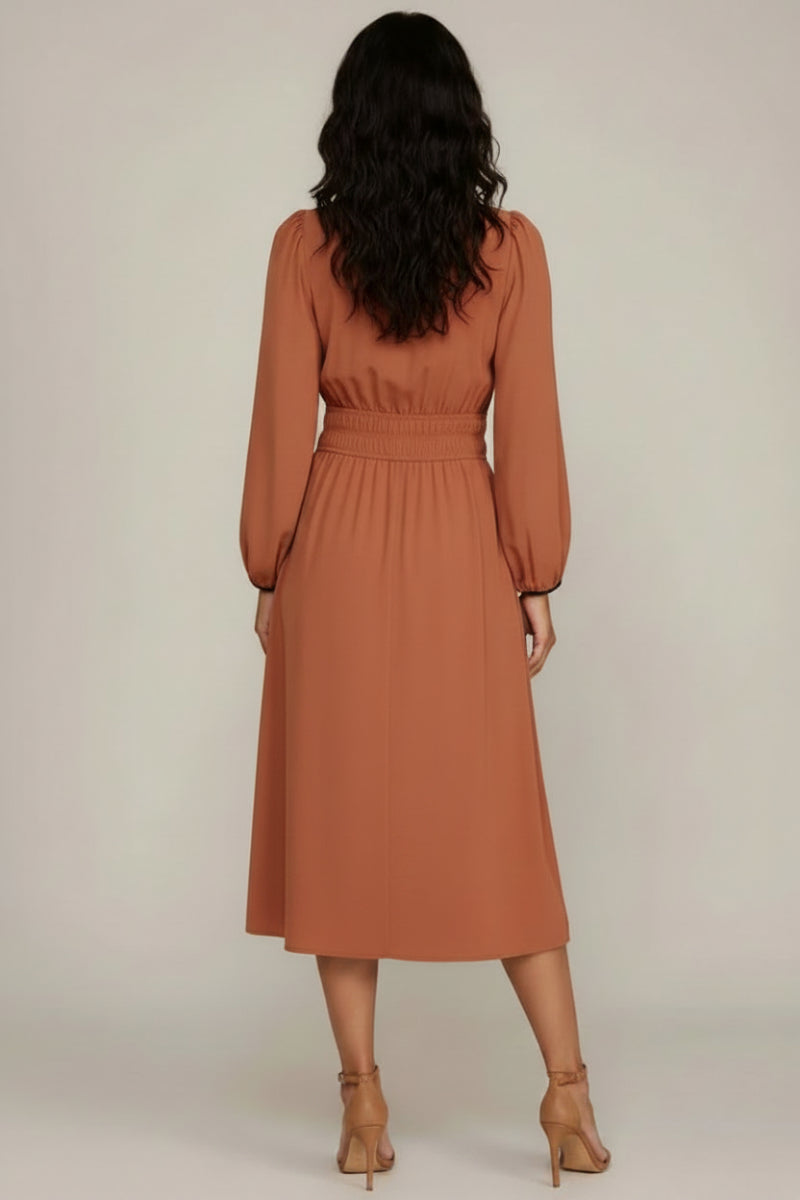 RUCHED WAIST LONG SLEEVE WOVEN MIDI DRESS SKSY7745