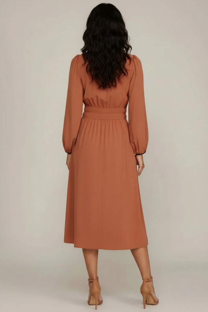 RUCHED WAIST LONG SLEEVE WOVEN MIDI DRESS SKSY7745