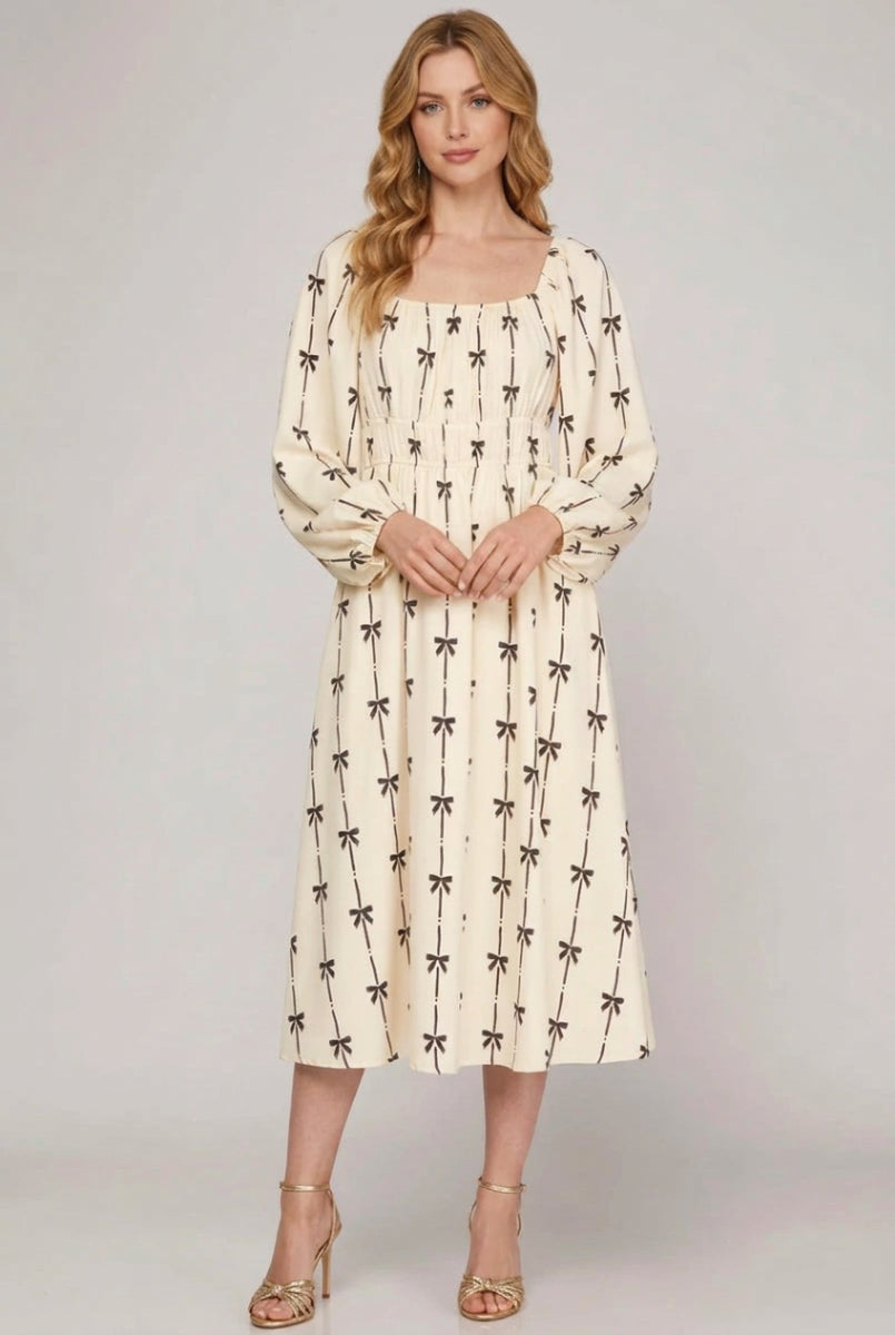 LONG SLEEVE SIDE POCKET PRINTED MIDI DRESS-SKSY7841