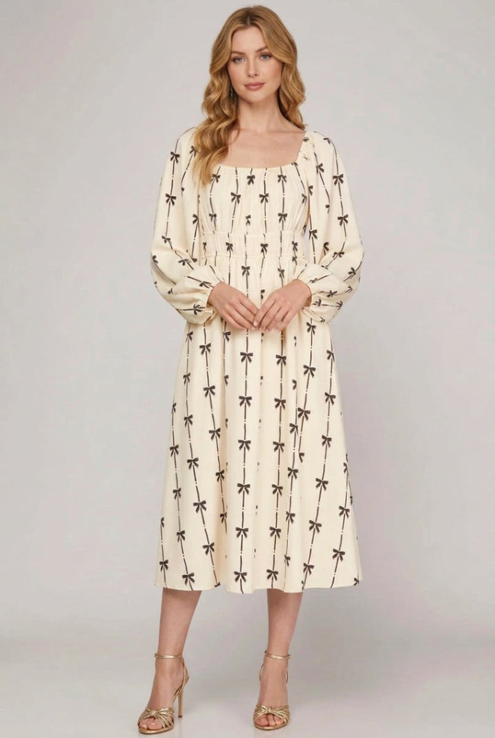 LONG SLEEVE SIDE POCKET PRINTED MIDI DRESS-SKSY7841
