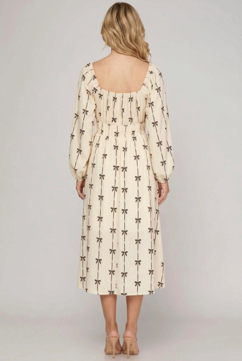 LONG SLEEVE SIDE POCKET PRINTED MIDI DRESS-SKSY7841