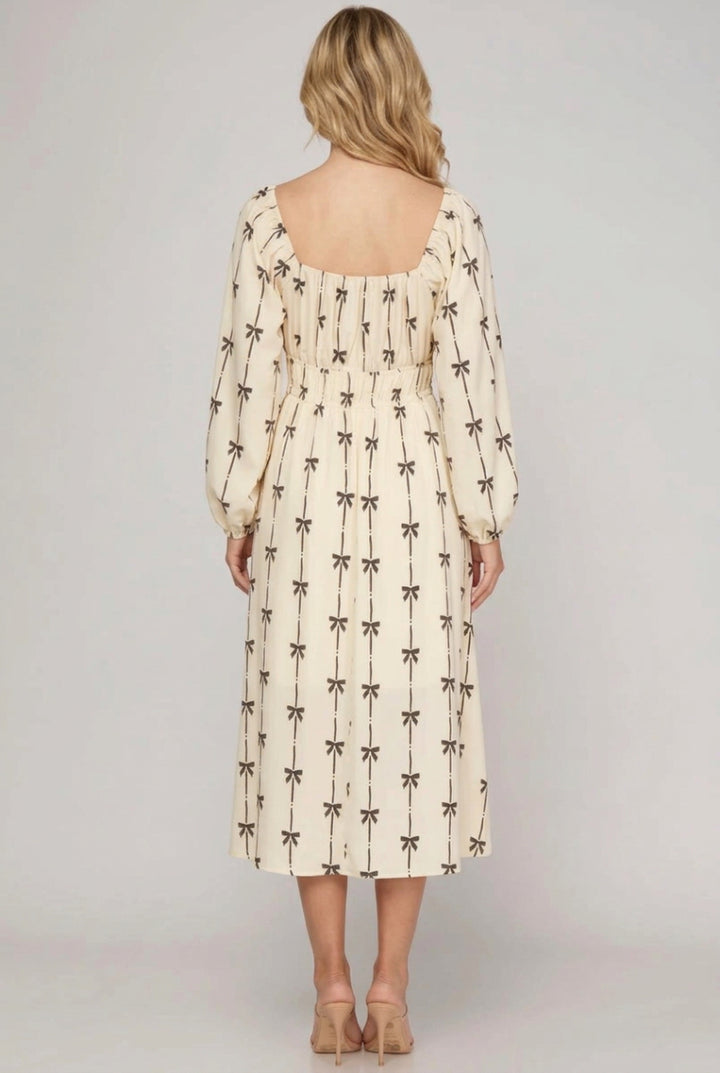 LONG SLEEVE SIDE POCKET PRINTED MIDI DRESS-SKSY7841