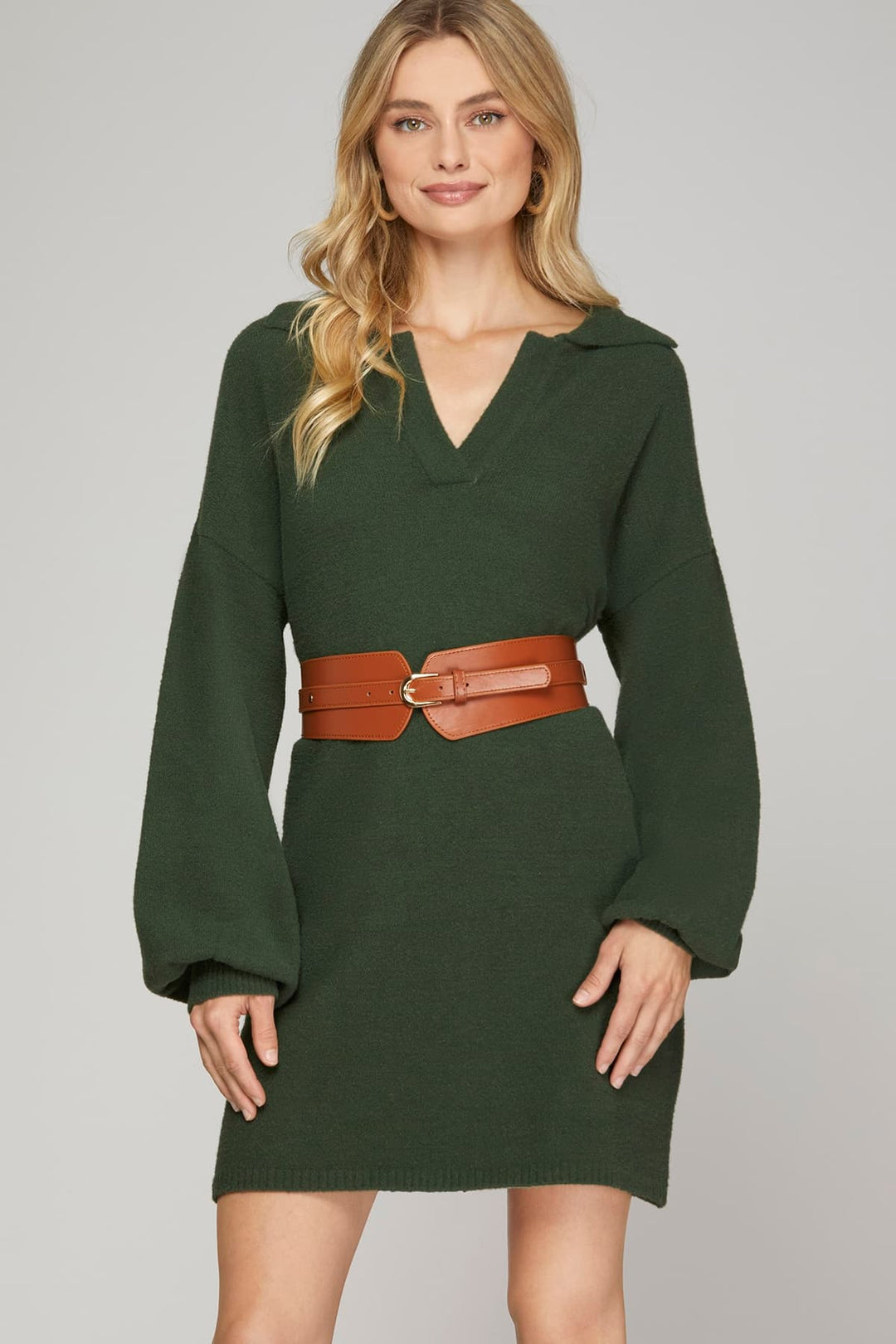 LONG SLEEVE COLLAR FUZZY SWEATER DRESS-SKSY5760R