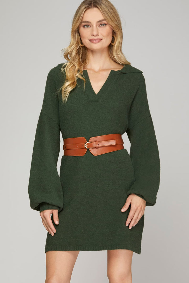 LONG SLEEVE COLLAR FUZZY SWEATER DRESS-SKSY5760R