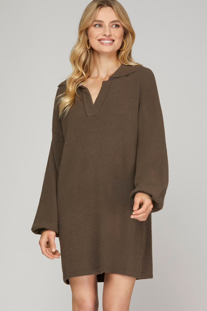 LONG SLEEVE COLLAR FUZZY SWEATER DRESS-SKSY5760R