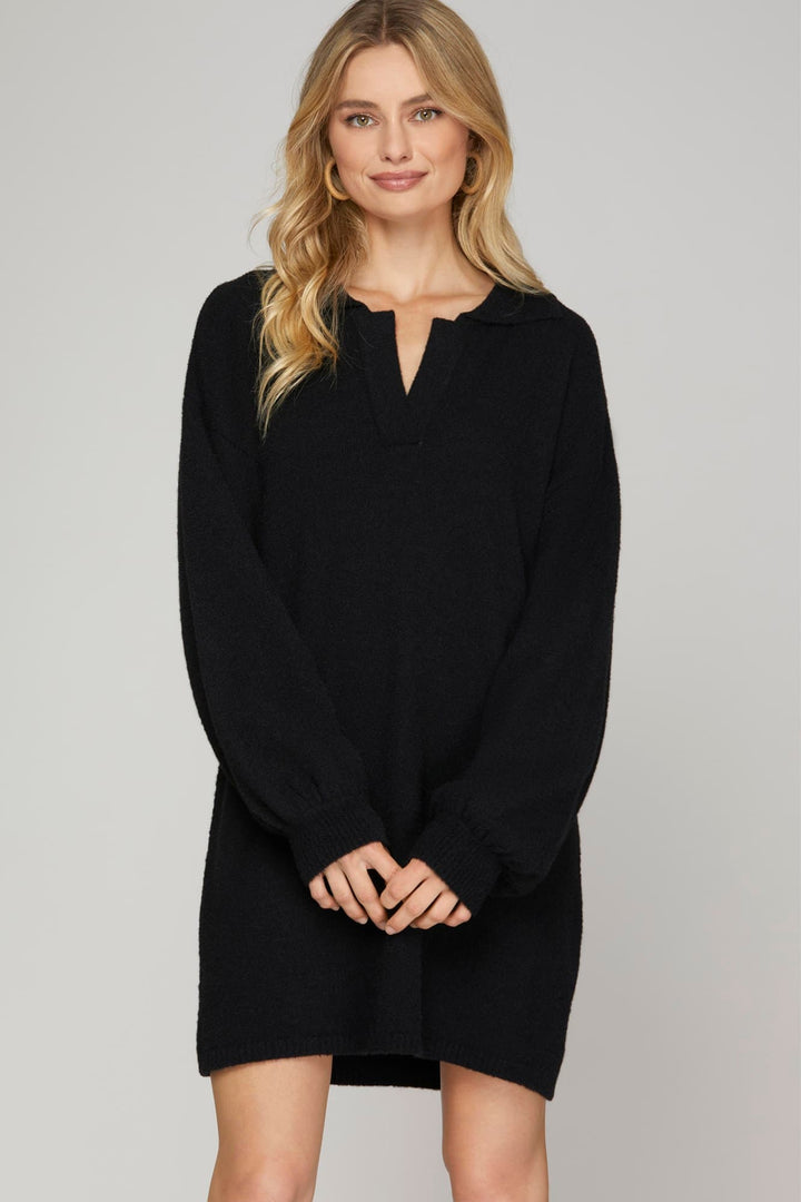 LONG SLEEVE COLLAR FUZZY SWEATER DRESS-SKSY5760R