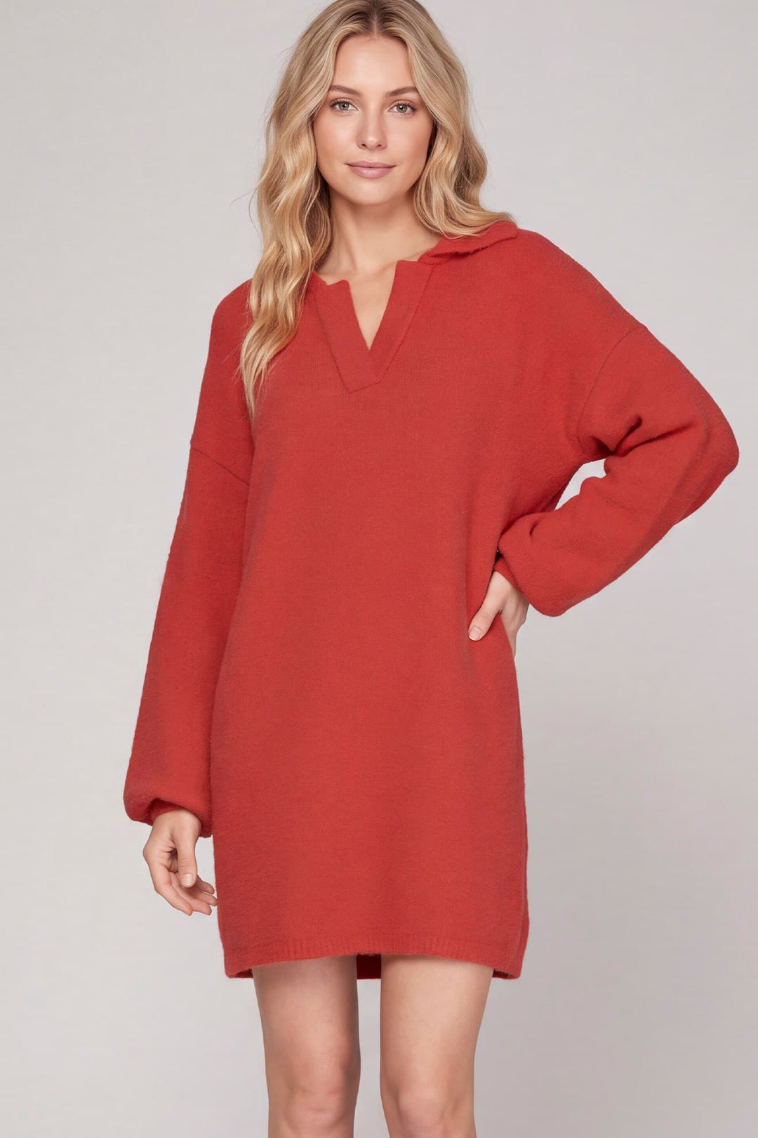 LONG SLEEVE COLLAR FUZZY SWEATER DRESS-SKSY5760R