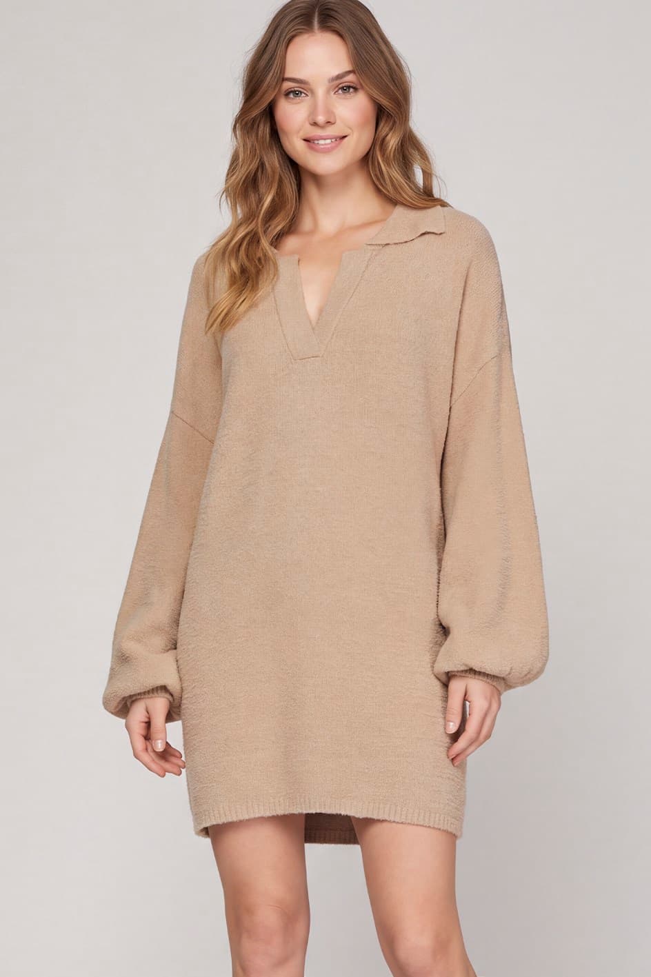 LONG SLEEVE COLLAR FUZZY SWEATER DRESS-SKSY5760R