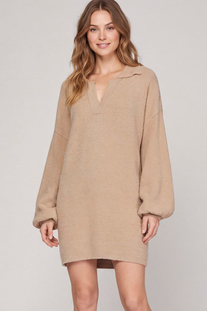 LONG SLEEVE COLLAR FUZZY SWEATER DRESS-SKSY5760R