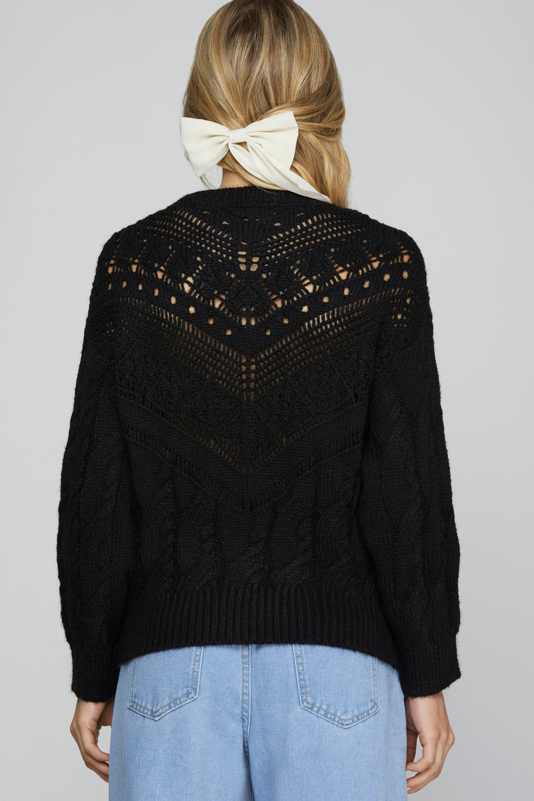 LONG SLEEVE CABLE KNIT SWEATER TOP WITH RUFFLE DETAIL