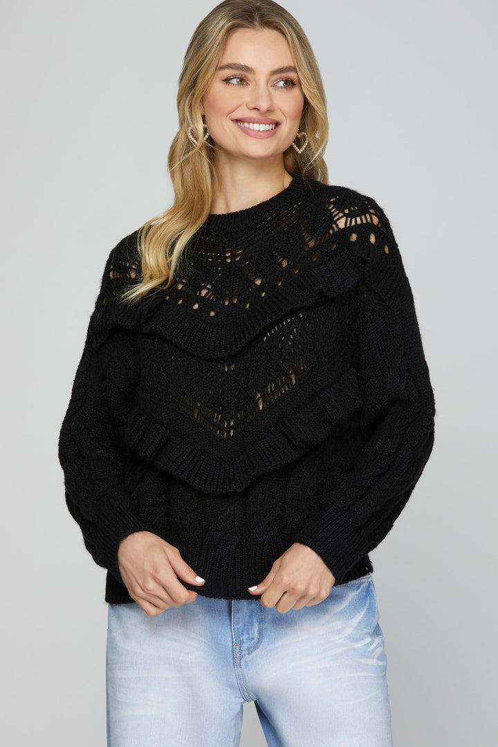 LONG SLEEVE CABLE KNIT SWEATER TOP WITH RUFFLE DETAIL