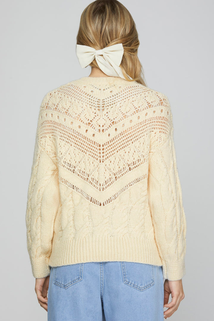 LONG SLEEVE CABLE KNIT SWEATER TOP WITH RUFFLE DETAIL