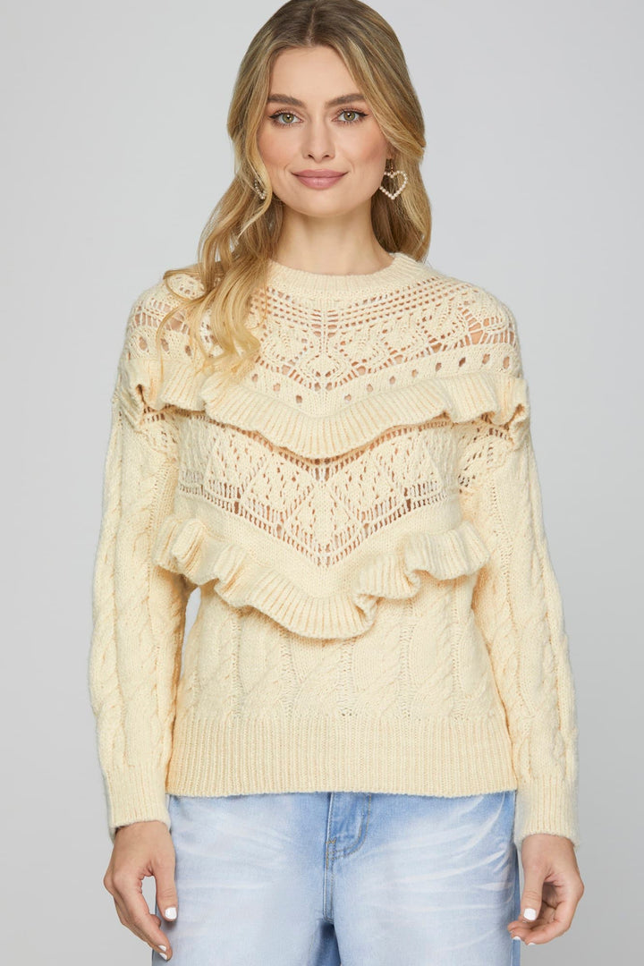 LONG SLEEVE CABLE KNIT SWEATER TOP WITH RUFFLE DETAIL
