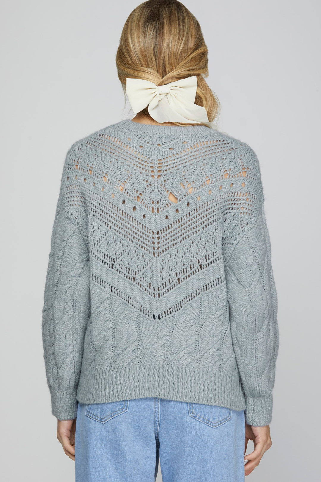 LONG SLEEVE CABLE KNIT SWEATER TOP WITH RUFFLE DETAIL