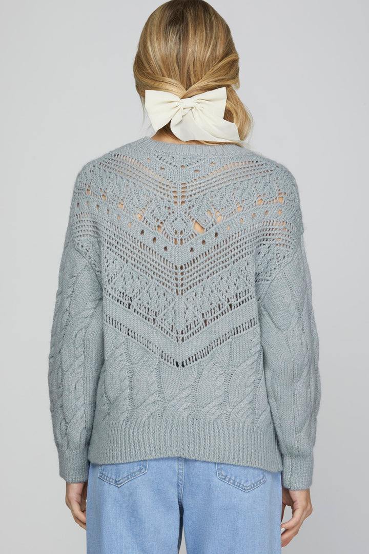 LONG SLEEVE CABLE KNIT SWEATER TOP WITH RUFFLE DETAIL