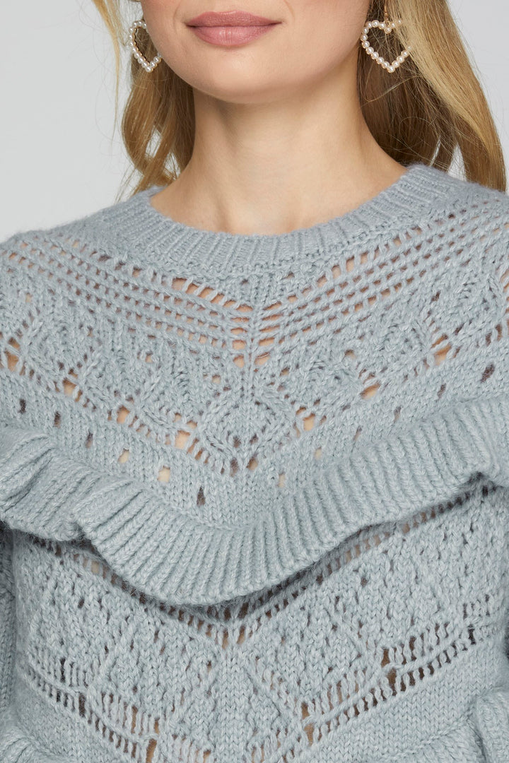 LONG SLEEVE CABLE KNIT SWEATER TOP WITH RUFFLE DETAIL