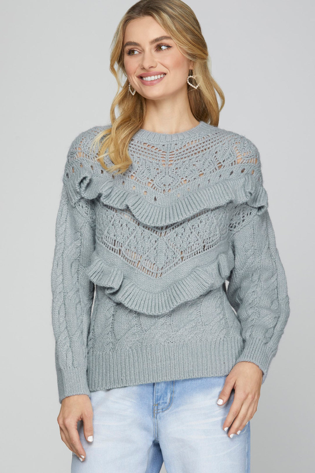 LONG SLEEVE CABLE KNIT SWEATER TOP WITH RUFFLE DETAIL