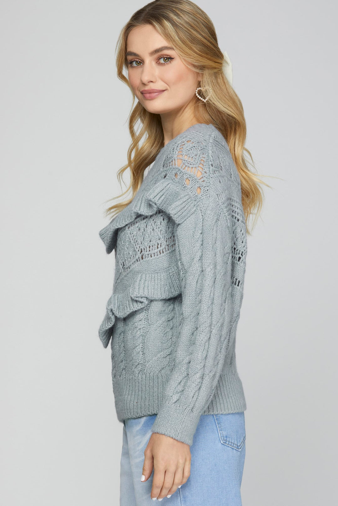 LONG SLEEVE CABLE KNIT SWEATER TOP WITH RUFFLE DETAIL
