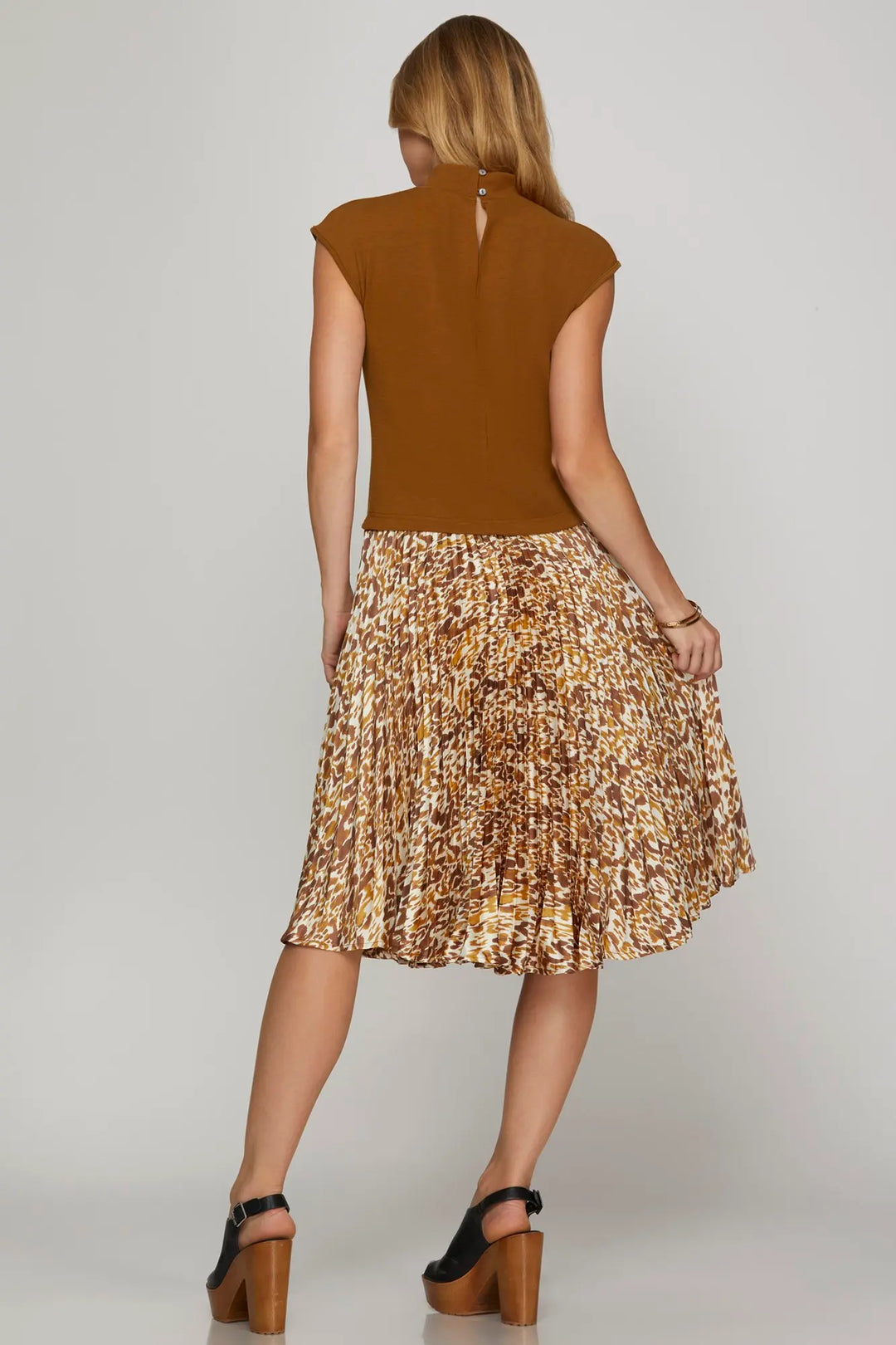 MOCK NECK KNIT TOP AND PLEATED PRINT SATIN SKIRT COMBO MIDI DRESS