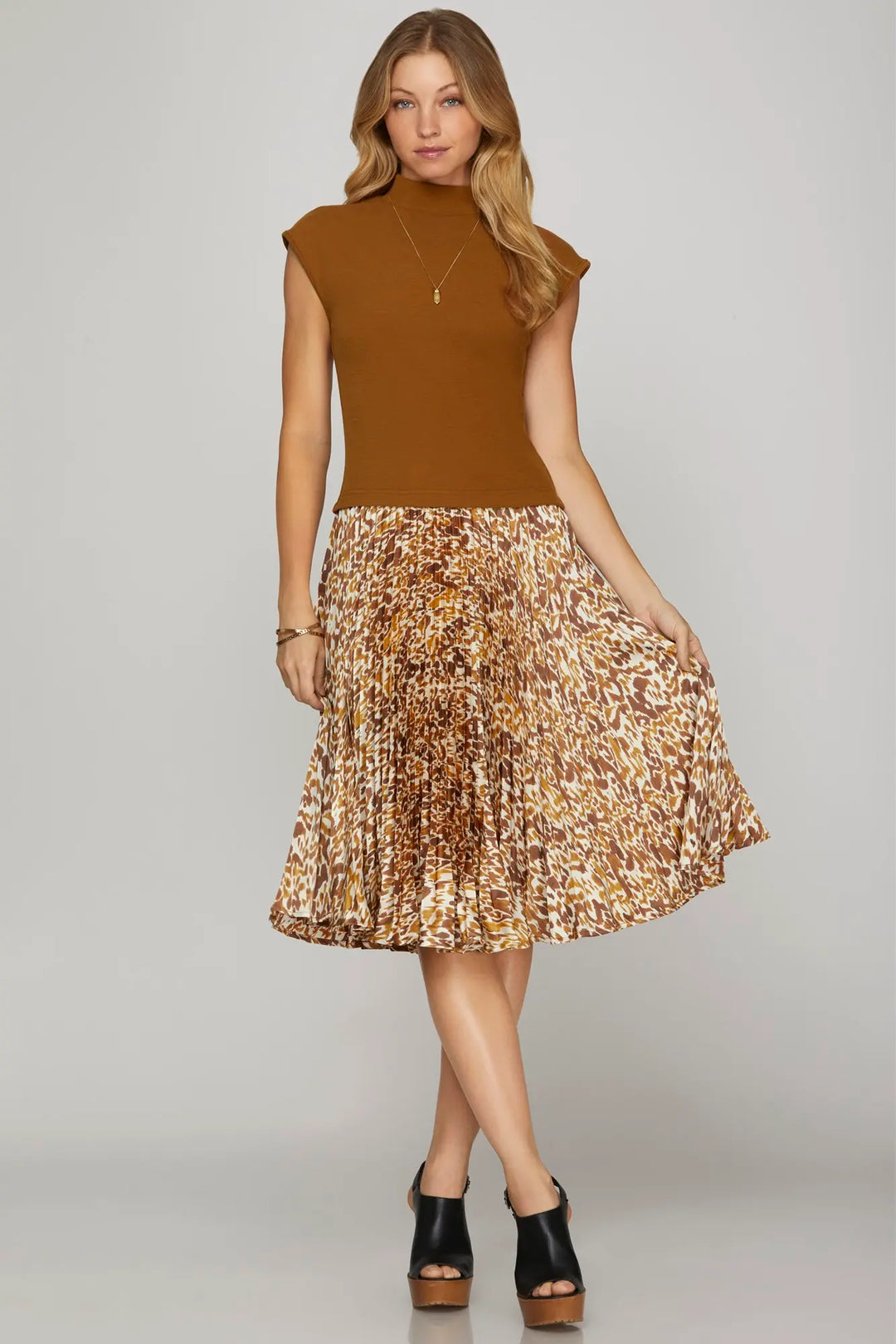 MOCK NECK KNIT TOP AND PLEATED PRINT SATIN SKIRT COMBO MIDI DRESS