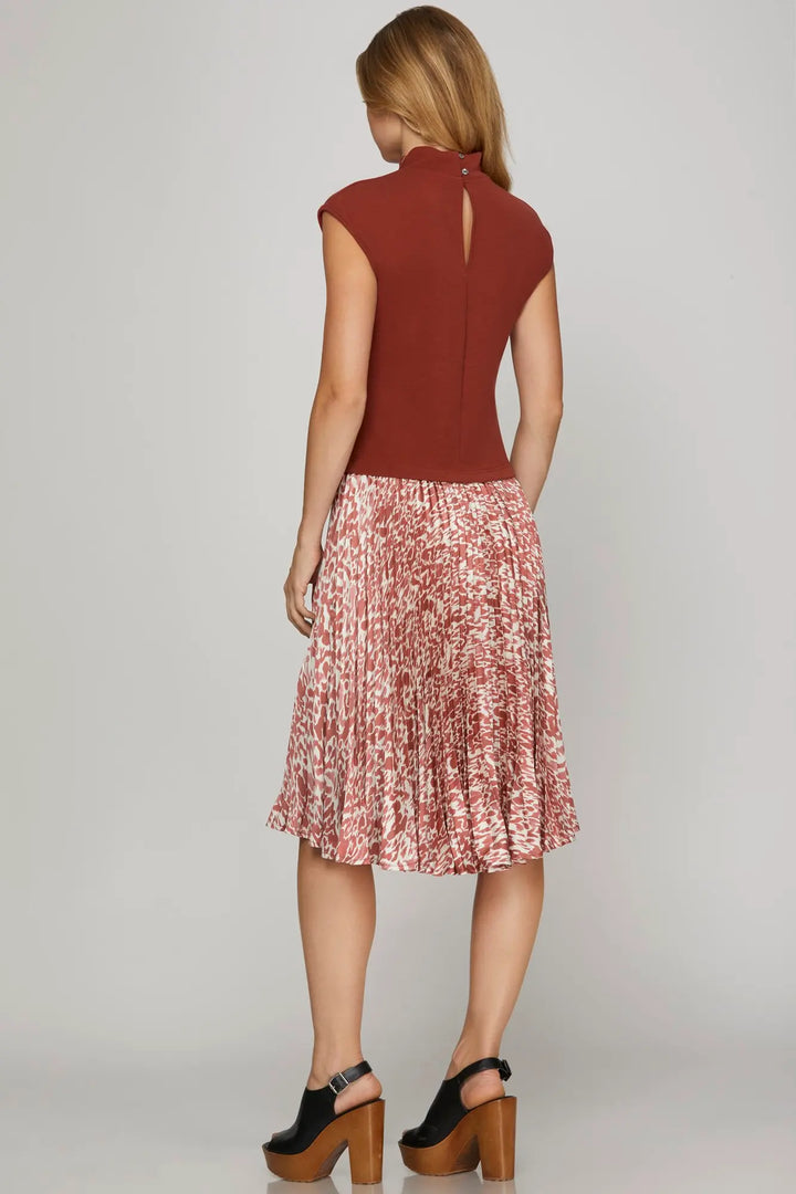 MOCK NECK KNIT TOP AND PLEATED PRINT SATIN SKIRT COMBO MIDI DRESS