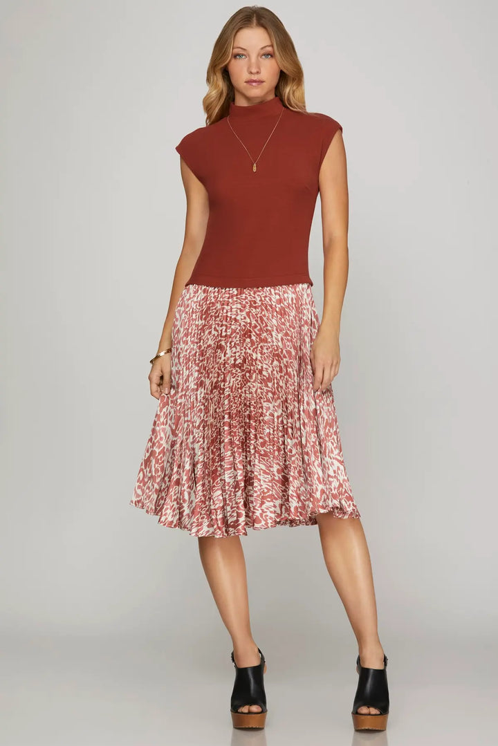 MOCK NECK KNIT TOP AND PLEATED PRINT SATIN SKIRT COMBO MIDI DRESS