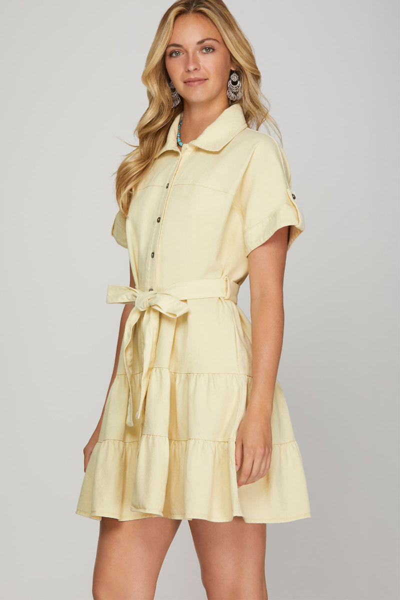 BUTTON DOWN TIERED MINI DRESS