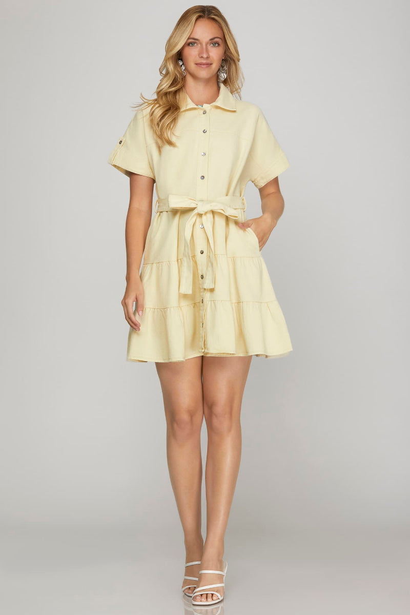 BUTTON DOWN TIERED MINI DRESS