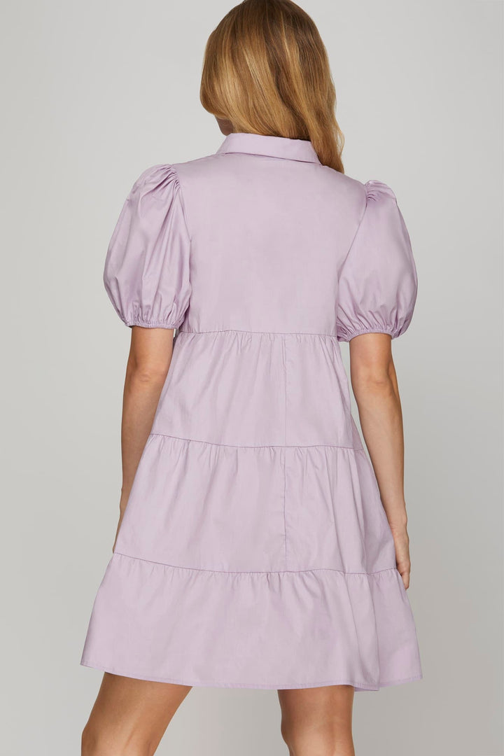 SHORT SLEEVE SMOCKED BUTTON DOWN TIERED WOVEN DRESS-SKSY8073